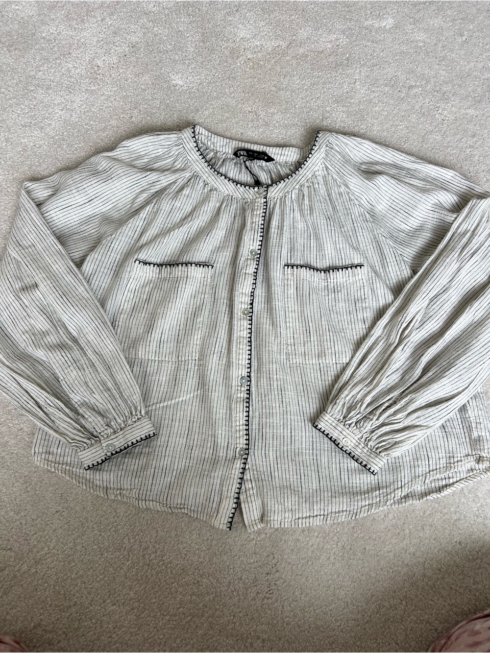 Zara Cream and Black Striped Button-Front Women’s Top